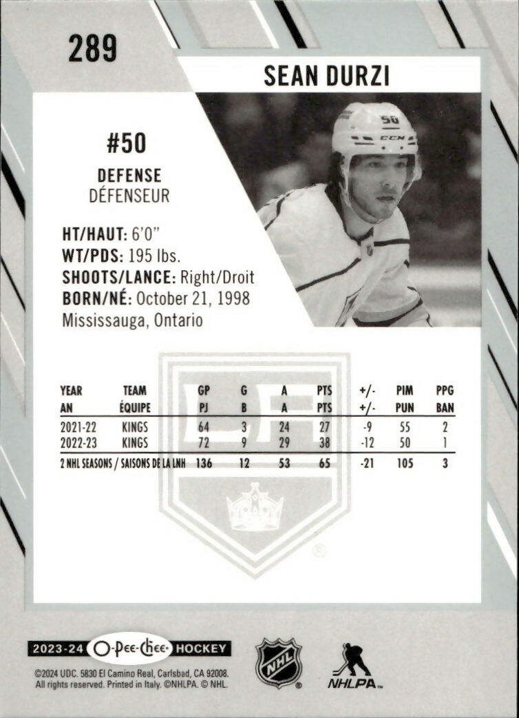 2023-24 Upper Deck O-Pee-Chee Hockey - Base #289 Sean Durzi - Los Angeles Kings