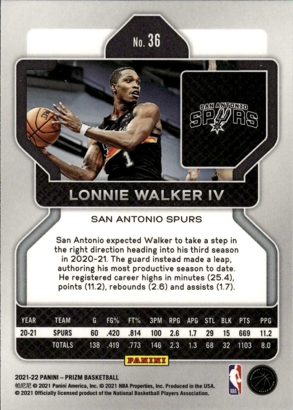 2021-22 Panini Prizm Basketball - Base # 36 Lonnie Walker VI - San Antonio Spurs