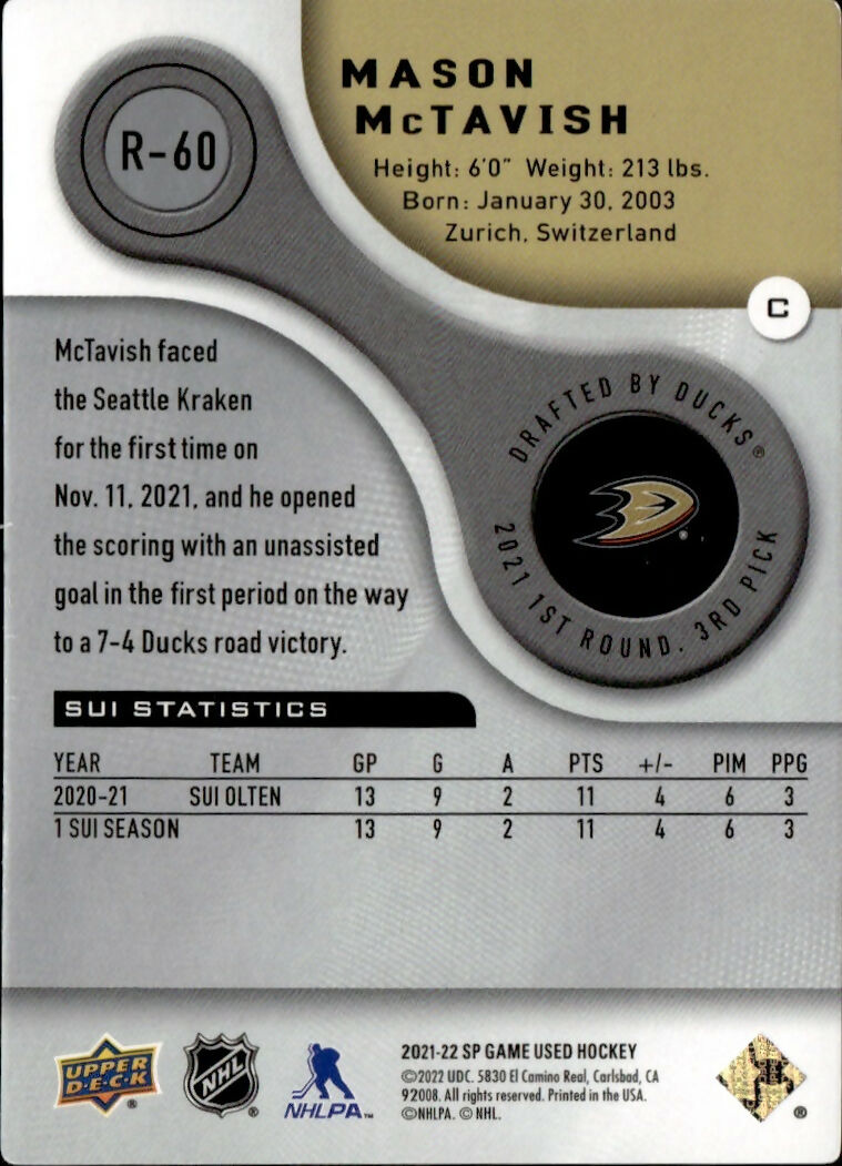 2021-22 Upper Deck SP Game Used Hockey - Authentic Rookie :999 #R-60 Mason McTavish - Anaheim Ducks - B