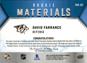 2021-22 Upper Deck Series 2 Hockey - Rookie Materials #RM-DF David Farrance - Nashville Predators - B