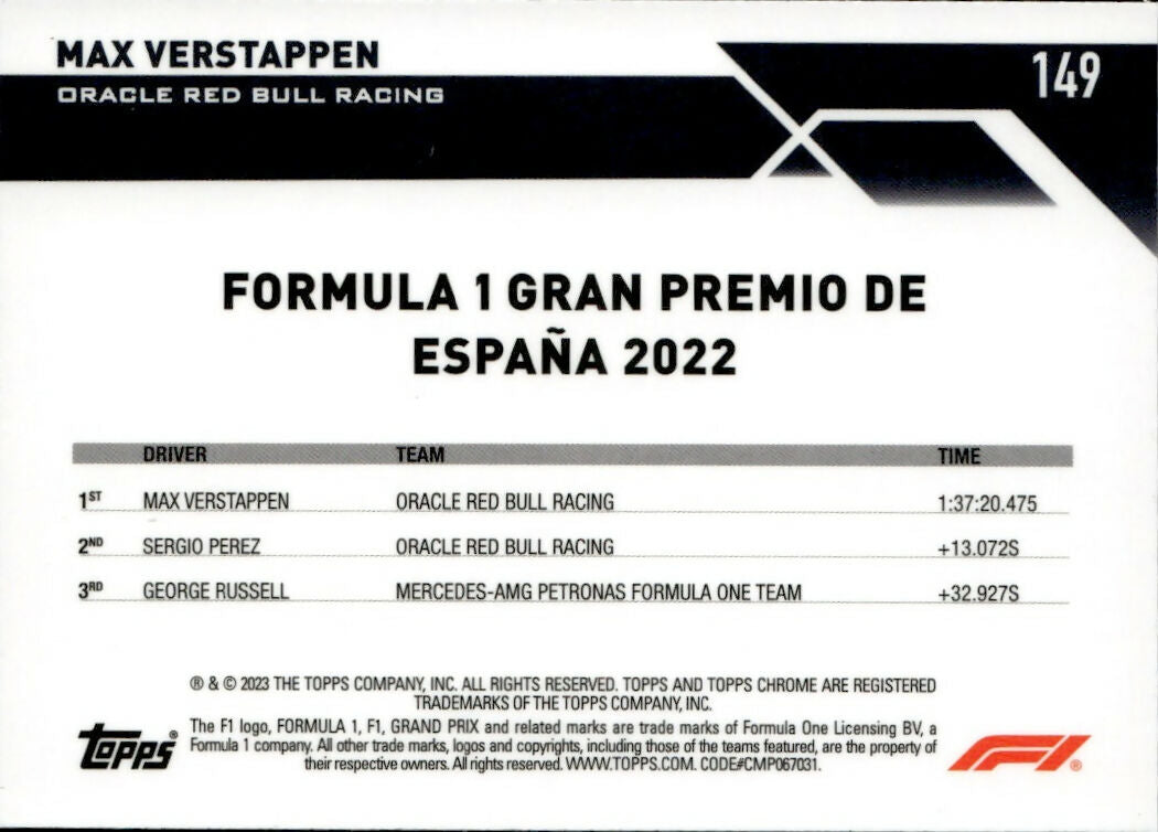 2023 Topps Chrome Formula 1 Base #149 - Grand Prix Winners Max Verstappen - Oracle Red Bull Racing - B