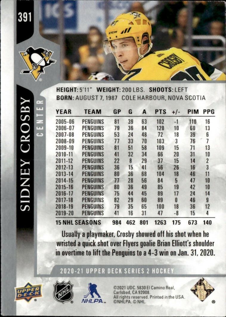 2020-21 Upper Deck Series 2 Hockey - Base #391 Sidney Crosby - Pittsburgh Penguins - B