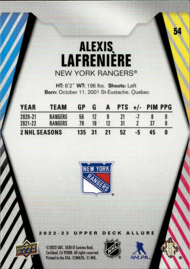 2022-23 Upper Deck Allure Hockey - Base #54 Alexis Lafreniere - New York Rangers - B