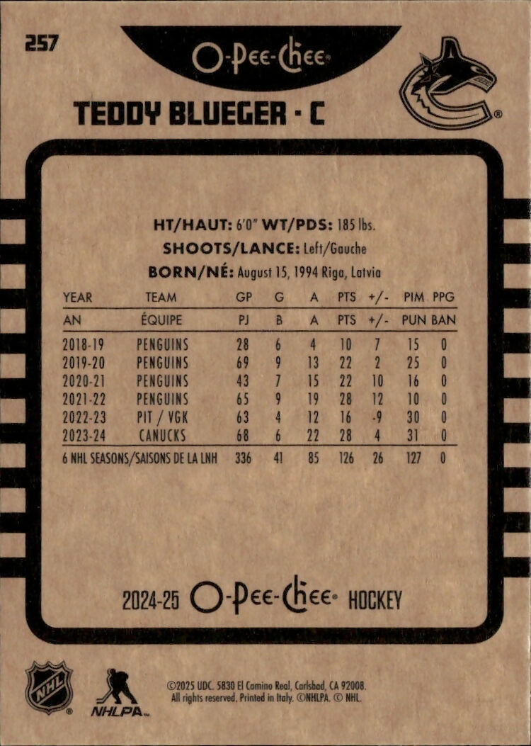 2024-25 Upper Deck O-Pee-Chee - Base - Retro #257 Teddy Blueger - Vancouver Canucks - B