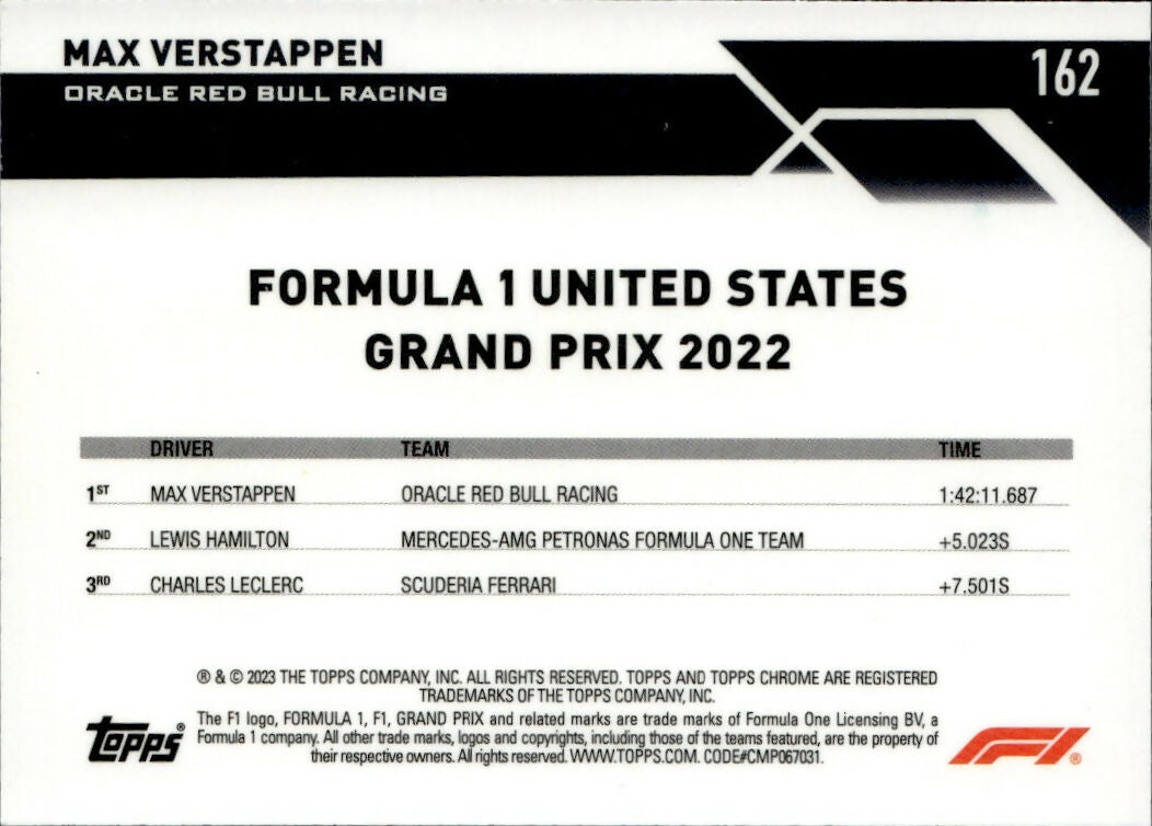 2023 Topps Chrome Formula 1 Base #162 - Grand Prix Winners Max Verstappen - Oracle Red Bull Racing - B