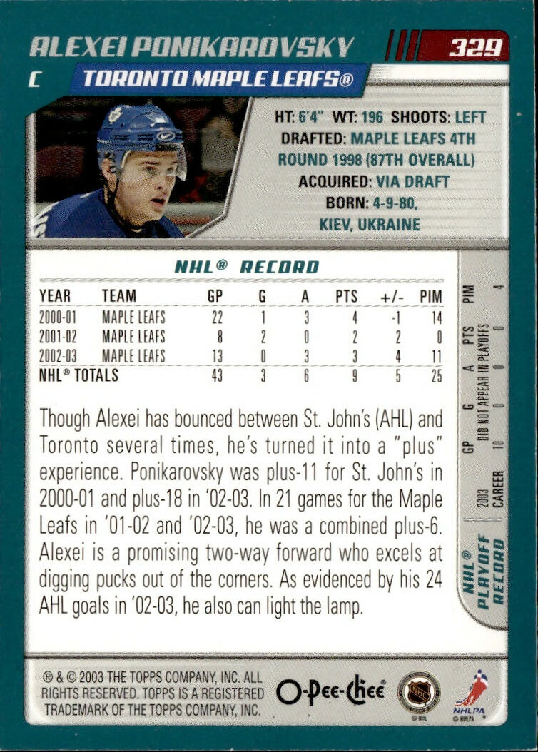 2003-04 O-Pee-Chee - Base #329 Alexei Ponikarovsky - Toronto Maple Leafs - B