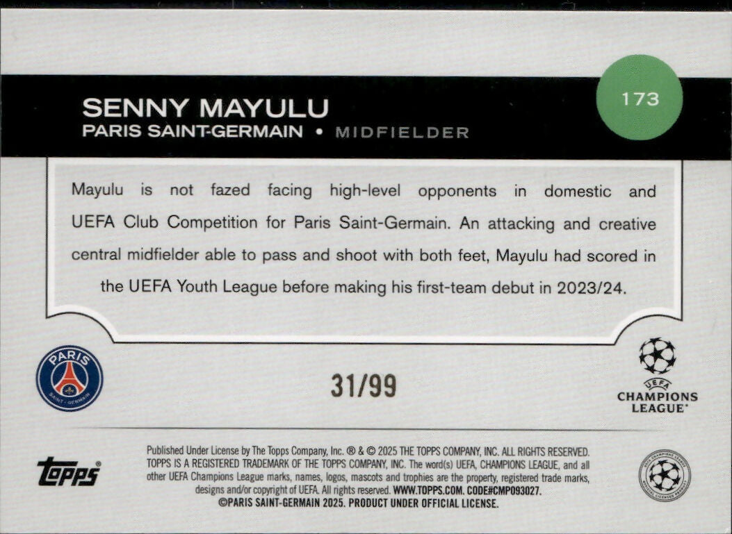 2024-25 Topps UEFA Club Competitions - Base - Green Foilboard #173 Senny Mayulu - Paris Saint-Germain - B
