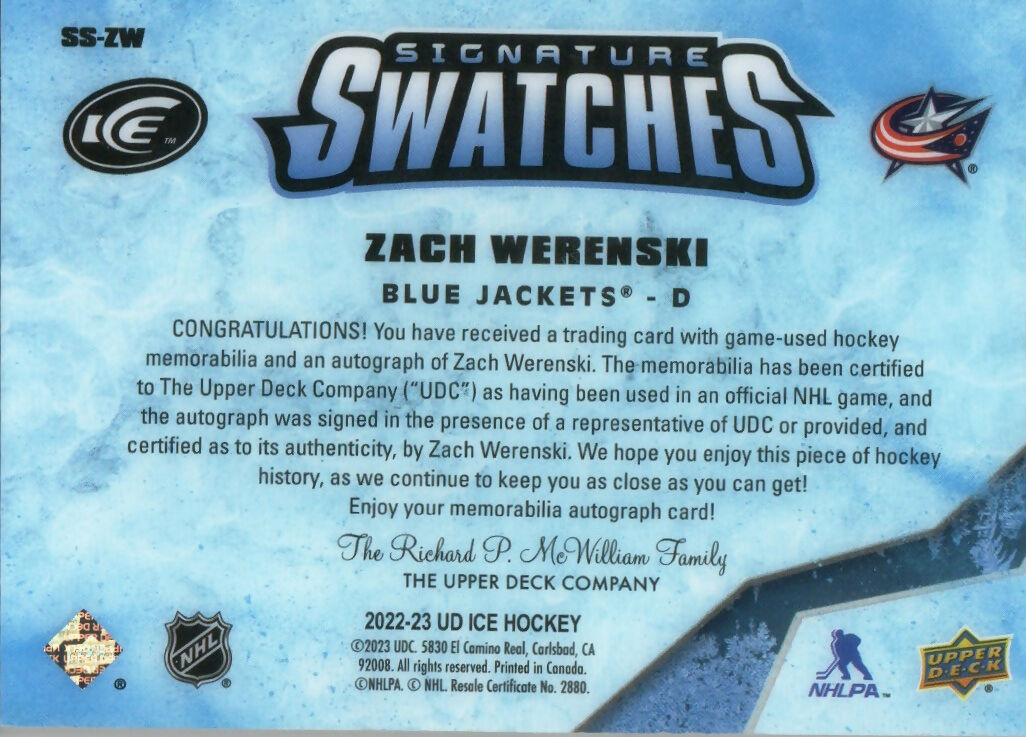 2022-23 Upper Deck Ice Hockey - Signature Swatches #SS-ZW Zach Werenski - Columbus Blue Jackets - B