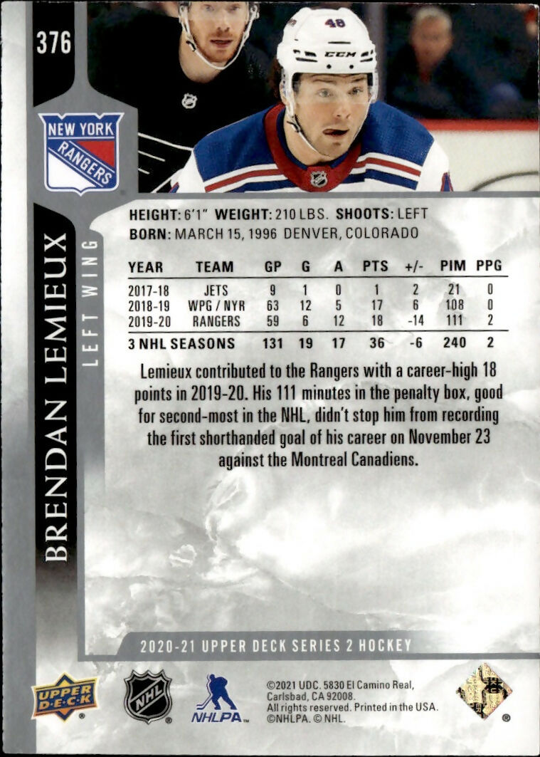 2020-21 Upper Deck Series 2 Hockey - Base #376 Brendan Lemieux - New York Rangers - B
