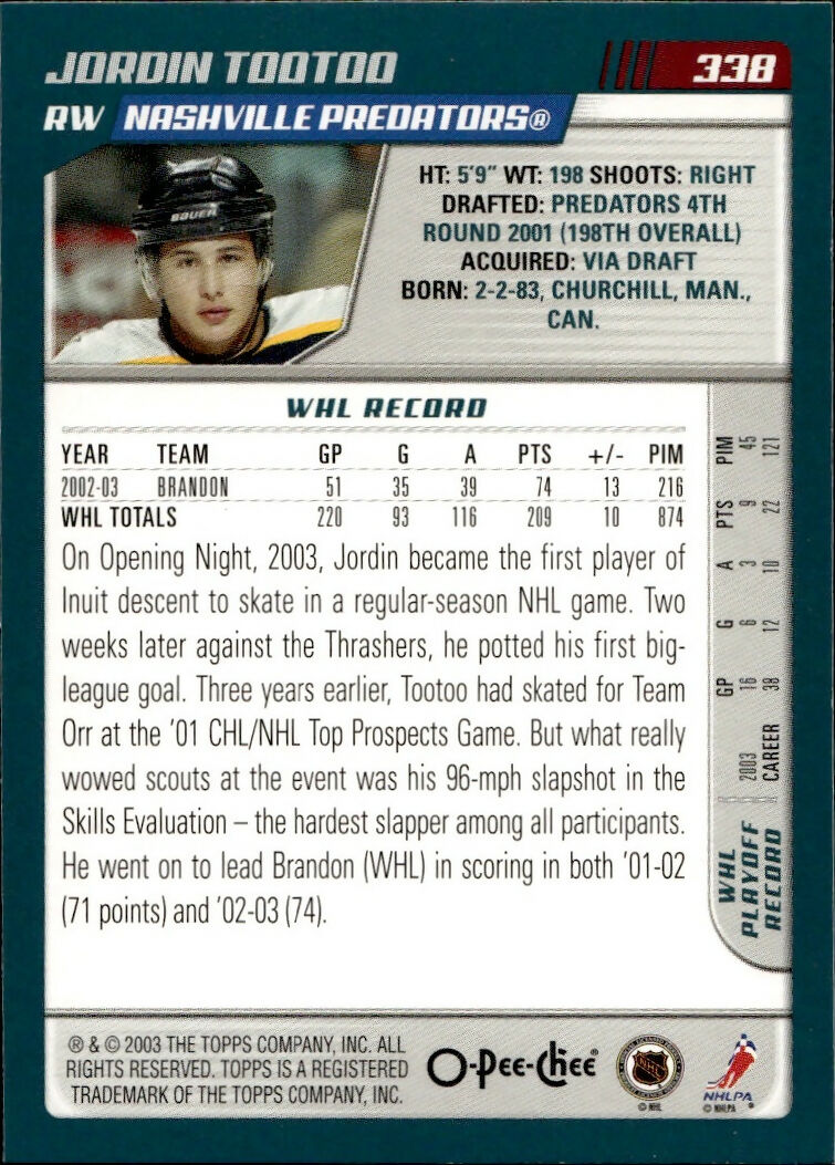 2003-04 O-Pee-Chee - Base #338 Jordin Tootoo - Nashville Predators - B
