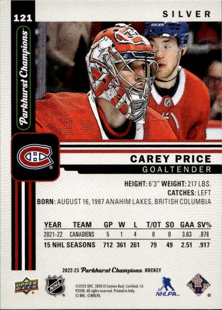 2022-23 Upper Deck Parkhurst Champions - Base - Silver #121 Carey Price - Montreal Canadiens - B