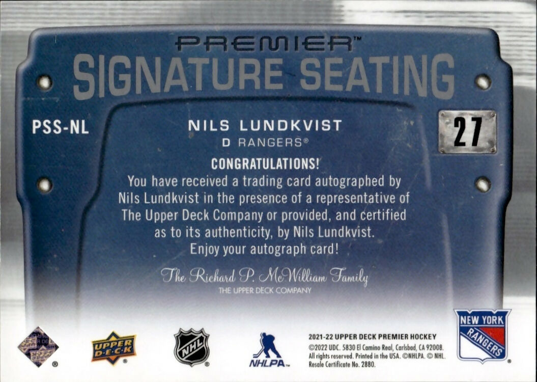 2021-22 Upper Deck Premier Hockey - Signature Seating - Auto #PSS-NL Nils Lundkvist - New York Rangers - B