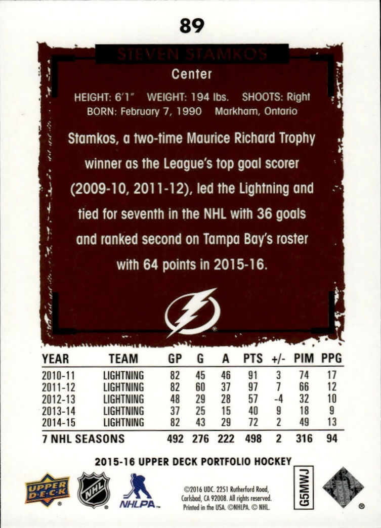 2015-16 Upper Deck Portfolio Hockey - Base #89 Steven Stamkos - Tampa Bay Lightning