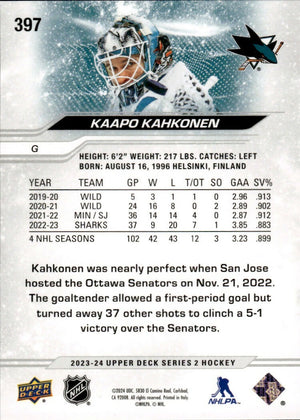 2023-24 Upper Deck Series 2 Hockey - Base #397 Kaapo Kahkonen - San Jose Sharks