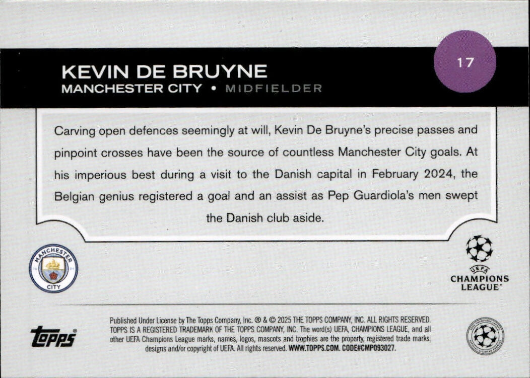 2024-25 Topps UEFA Club Competitions - Base #17 Kevin De Bruyne - Manchester City - B