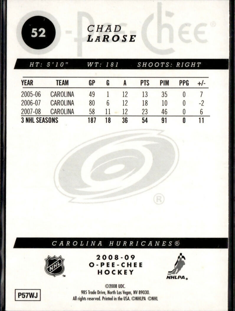 2008-09 O-Pee-Chee Hockey - Base - Rainbow Foil #52 Chad LaRose - Carolina Hurricanes - B