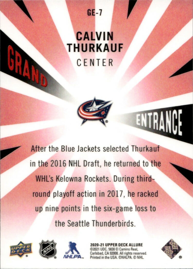 2020-21 Upper Deck Allure Hockey - Grand Entrance #GE-7 Calvin Thurkauf - Columbus Blue Jackets - B