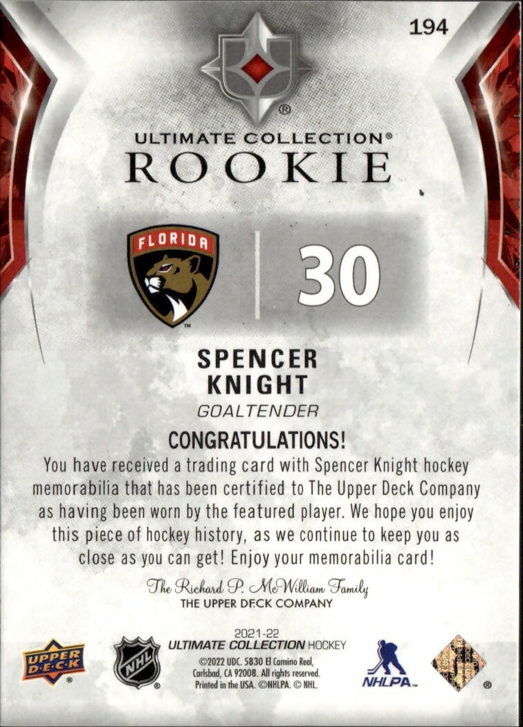 2021-22 Upper Deck Ultimate Collection - Rookie Jersey :499 #194 Spencer Knight - Florida Panthers - B