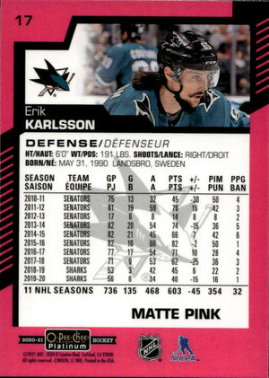 2020-21 Upper Deck O-Pee-Chee Platinum - Base - Matte Pink #17 Erik Karlsson - San Jose Sharks - B