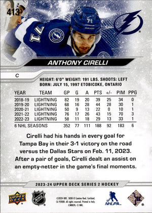 2023-24 Upper Deck Series 2 Hockey - Base #413 Anthony Cirelli - Tampa Bay Lightning