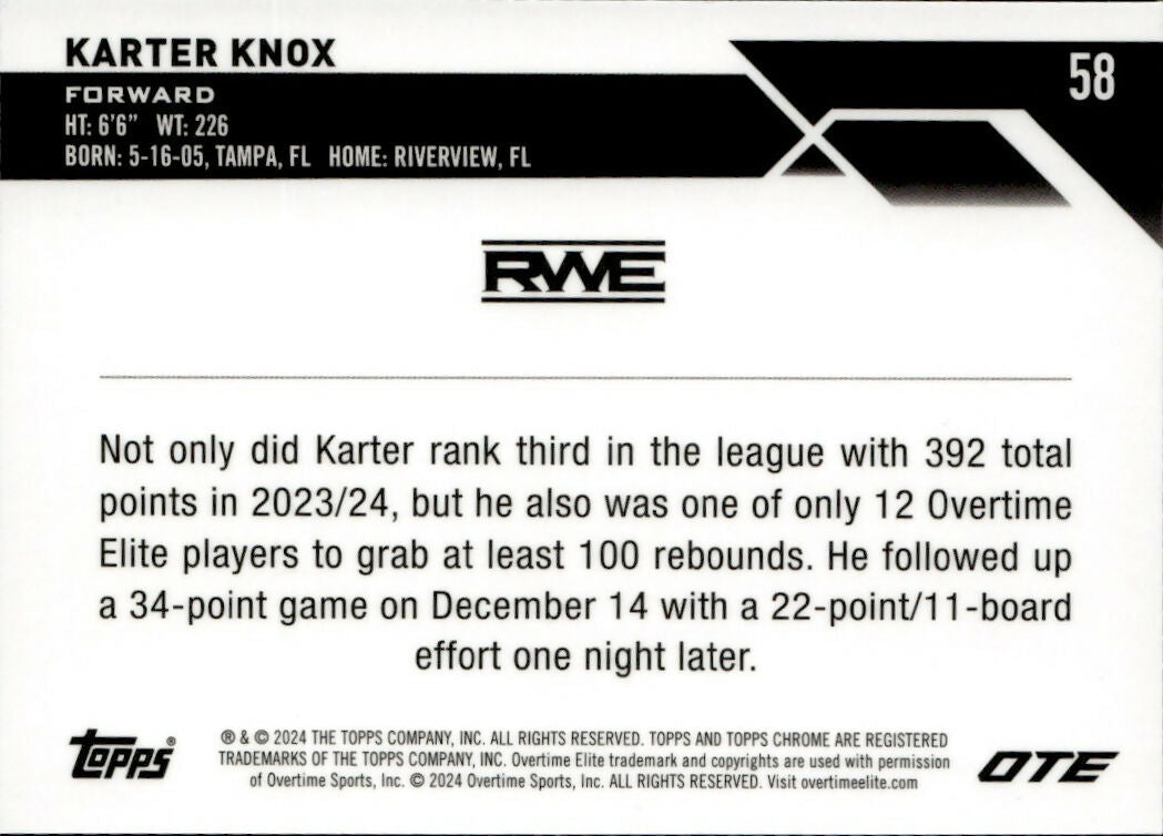 2023-24 Topps Chrome OTE Overtime Elite - Base #58 Karter Knox - RWE - B