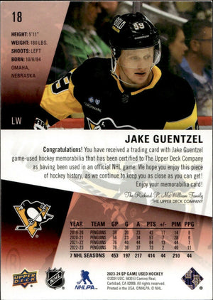2023-24 Upper Deck SP Game Used Hockey - Base - Red - Patch #18 Jake Guentzel - Pittsburgh Penguins - B