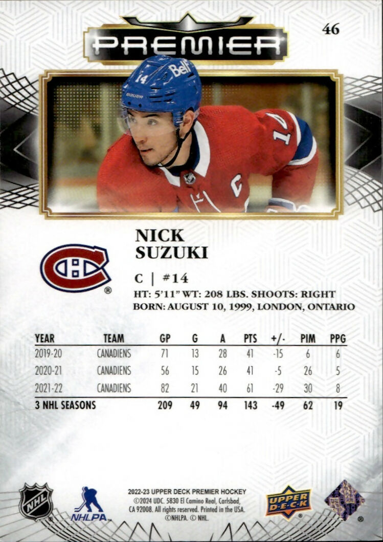 2022-23 Upper Deck Premier Hockey - Base :299 #46 Nick Suzuki - Montreal Canadiens - B