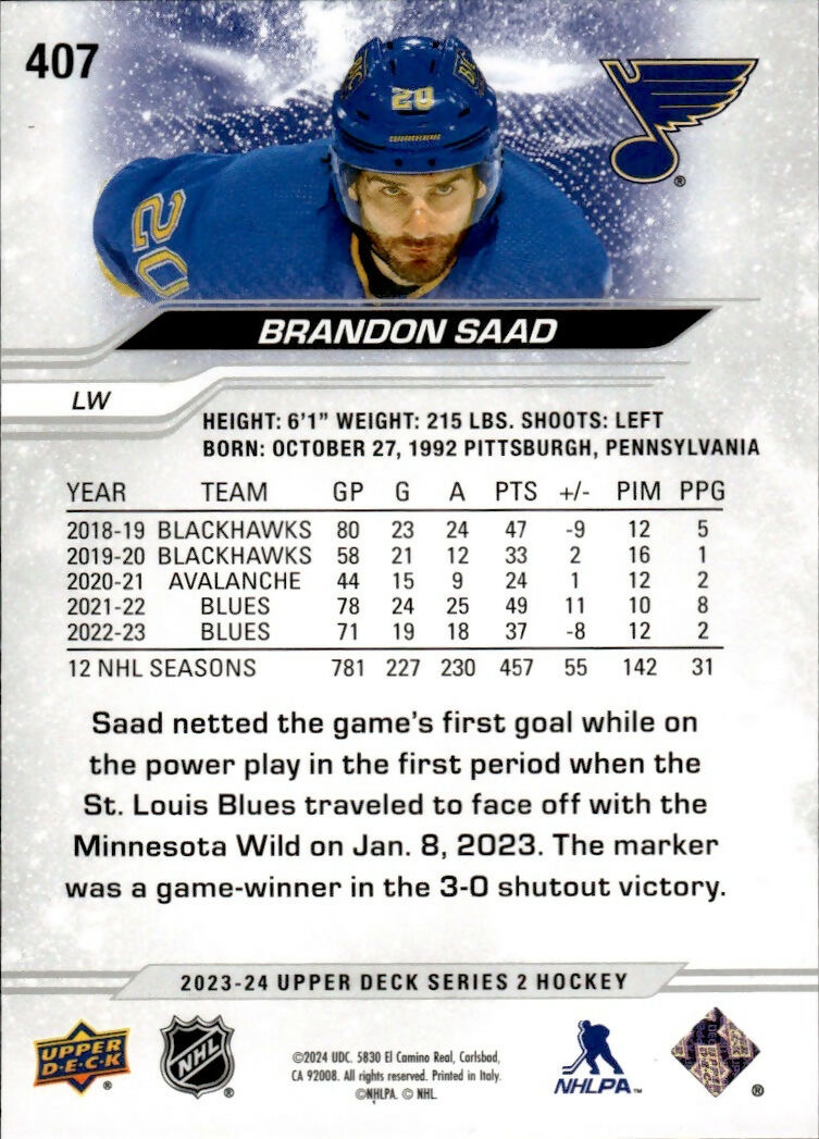 2023-24 Upper Deck Series 2 Hockey - Base #407 Brandon Saad - St. Louis Blues