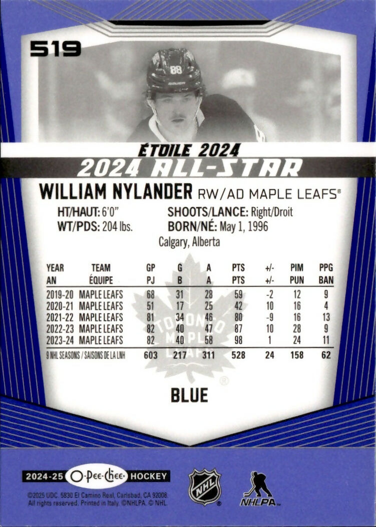 2024-25 Upper Deck O-Pee-Chee - Base - All Star - Blue #519 William Nylander - Toronto Maple Leafs - B