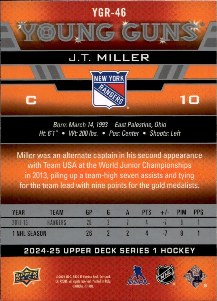 2024-25 Upper Deck Series 1 Hockey - Young Guns Renewed #YGR-46 J.T. Miller - New York Rangers - B