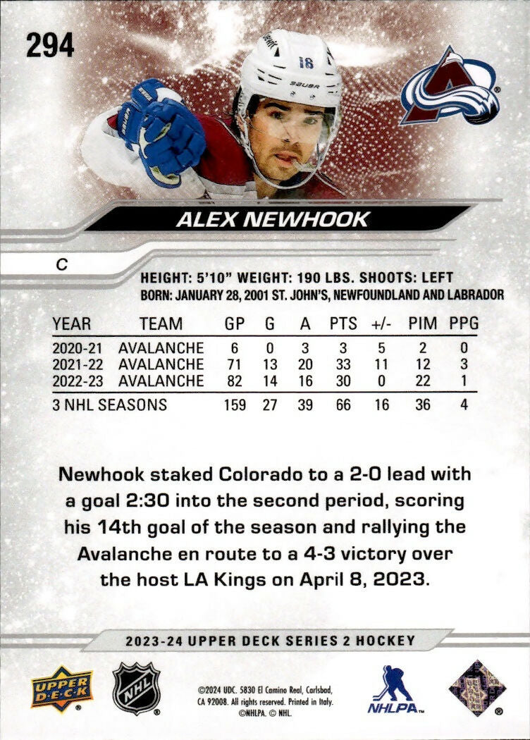 2023-24 Upper Deck Series 2 Hockey - Base #294 Alex Newhook - Colorado Avalanche