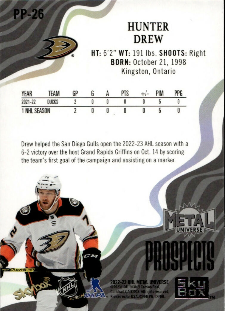 2022-23 Upper Deck Skybox Metal Universe - Prospects #PP-26 Hunter Drew - Anaheim Ducks - B