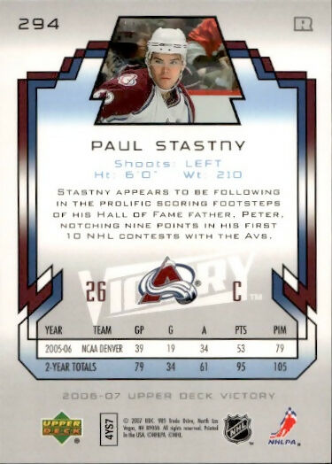 2006-07 Upper Deck Victory Hockey - Base #294 Paul Stasny - Colorado Avalanche - B