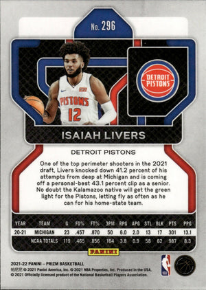 2021-22 Panini Prizm Basketball - Base - Rookie # 296 Isaiah Livers - Detroit Pistons