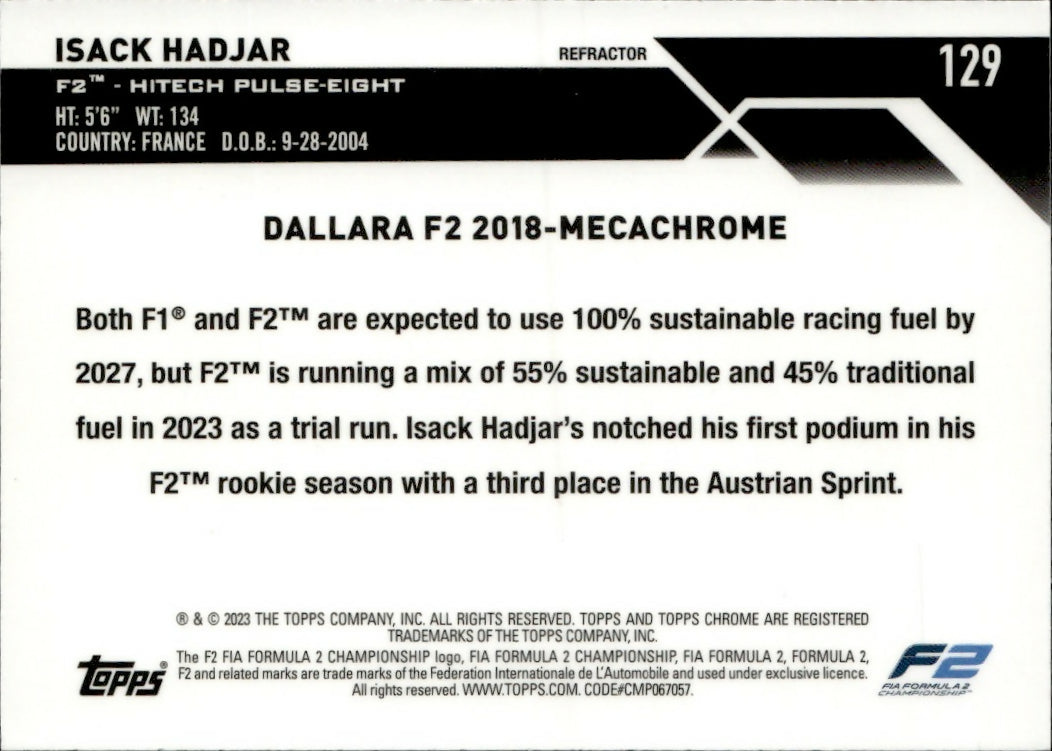 2023 Topps Chrome Formula 1 Base #129 - F2 Cars  Refractor Isack Hadjar - F2 Htech Pulse-Eight - A