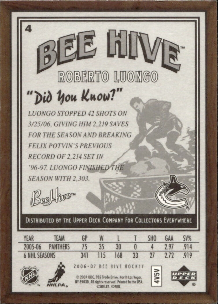 2006-07 Upper Deck - Bee Hive Hockey - Base #4 Roberto Luongo - Vancouver Canucks - B