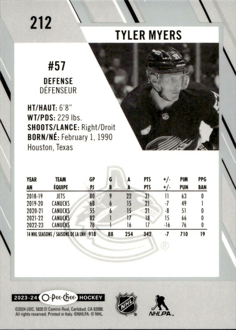 2023-24 Upper Deck O-Pee-Chee Hockey - Base #212 Tyler Myers - Vancouver Canucks - B