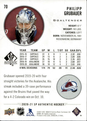 2020-21 Upper Deck Sp Authentic Hockey - Base #70 Philipp Grubauer - Colorado Avalanche - B