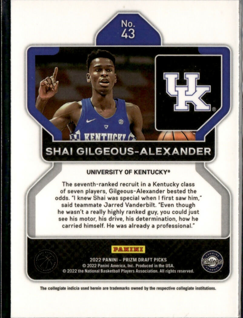 2022 Panini Prizm Draft Picks Basketball - Base #43 Shai Gilgeous-Alexander - Kentucky - B