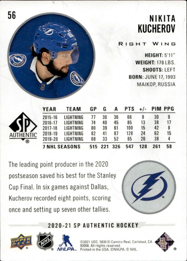 2020-21 Upper Deck Sp Authentic Hockey - Base #56 Nikita Kucherov - Tampa Bay Lightning - B