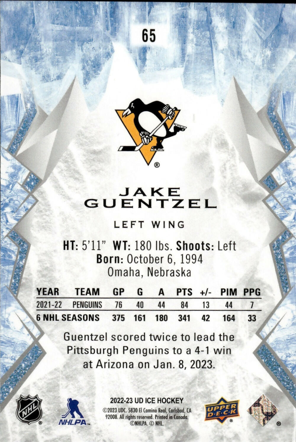 2022-23 Upper Deck Ice Hockey - Base #65 Jake Guentzel - Pittsburgh Penguins