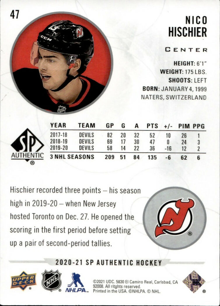 2020-21 Upper Deck Sp Authentic Hockey - Base #47 Nico Hischier - New Jersey Devils - B