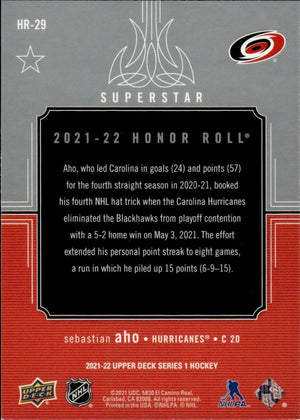 2021-22 Upper Deck Series 1 - Honor Roll #HR-29 Sebastian Aho - Carolina Hurricanes - B