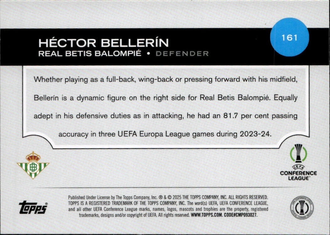 2024-25 Topps UEFA Club Competitions - Base #161 Hector Bellerin - Real Betis Balompie - B