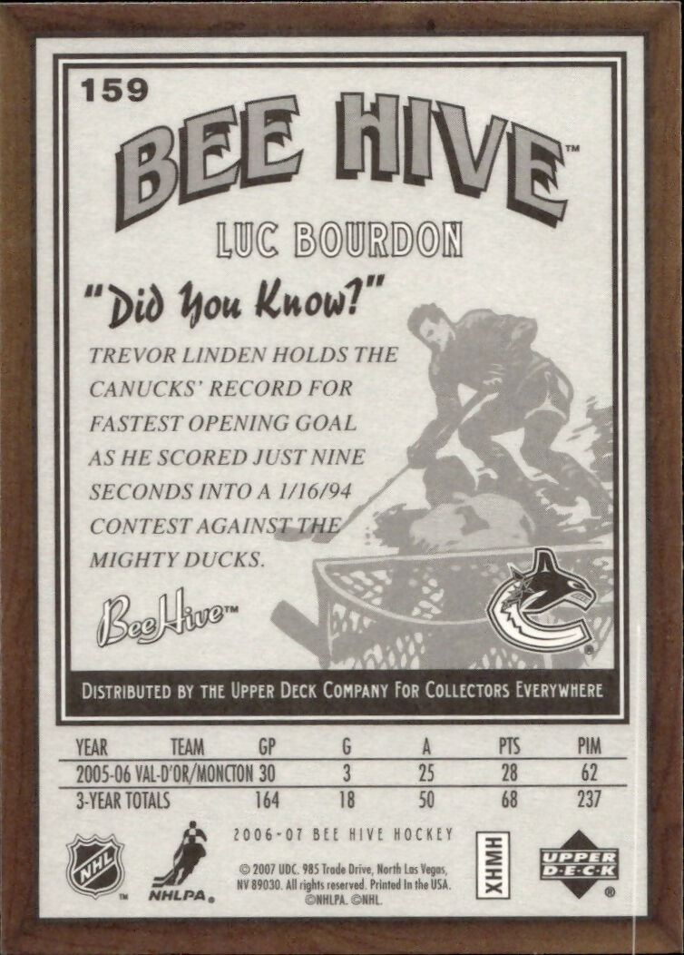 2006-07 Upper Deck - Bee Hive Hockey - Base #159 Luc Bourdon - Vancouver Canucks - B