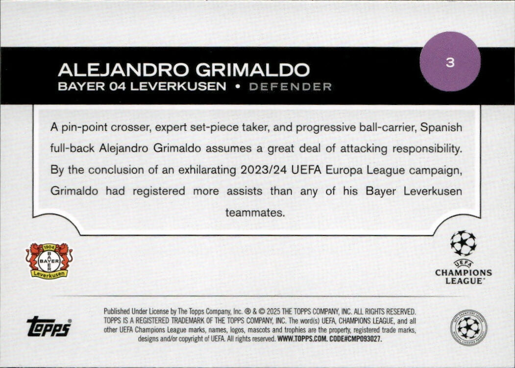 2024-25 Topps UEFA Club Competitions - Base #3 Alejandro Grimalo - Bayer 04 Leverkusen - B
