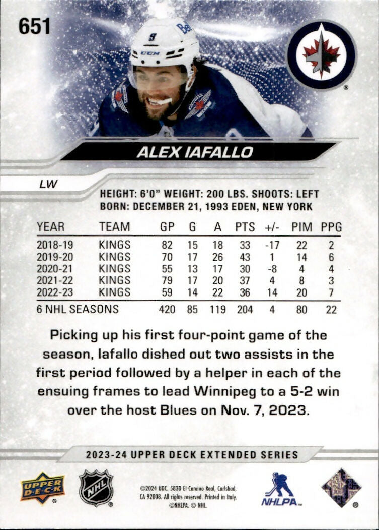 2023-24 Upper Deck Extended Series Hockey - Base #651 Alex Iafallo - Winnipeg Jets - B