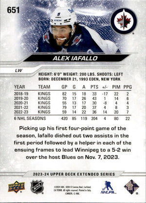 2023-24 Upper Deck Extended Series Hockey - Base #651 Alex Iafallo - Winnipeg Jets - B