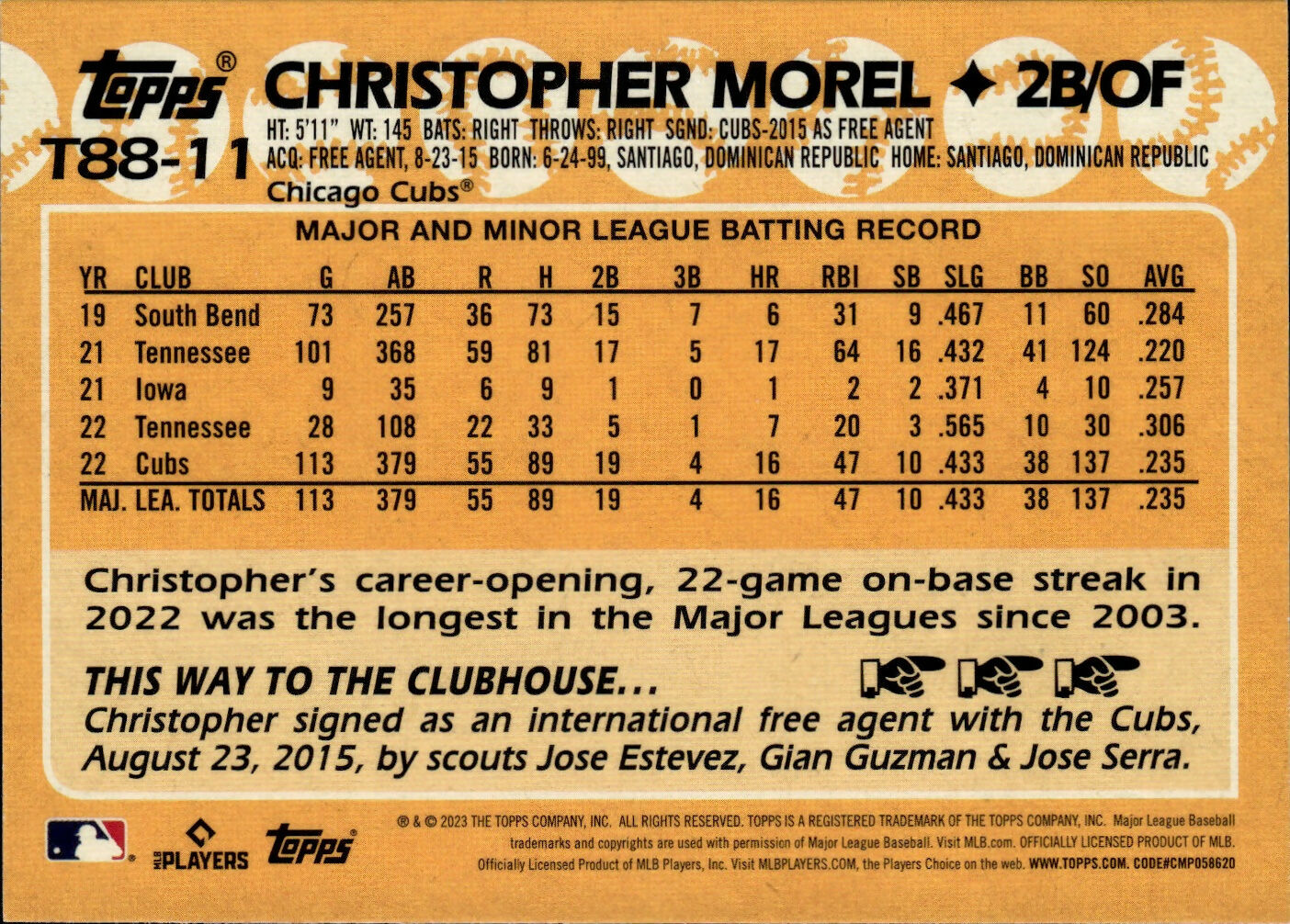 2023 Topps Series 1 Baseball - 1988 Topps Baseball #T88-11 Christopher Morel - Chicago Cubs - B