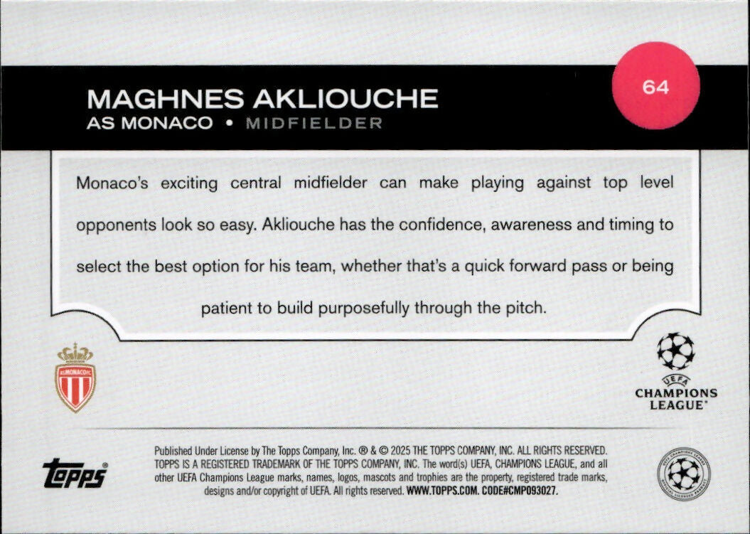 2024-25 Topps UEFA Club Competitions - Base #64 Maghnes Akliouche - AS Monaco - B